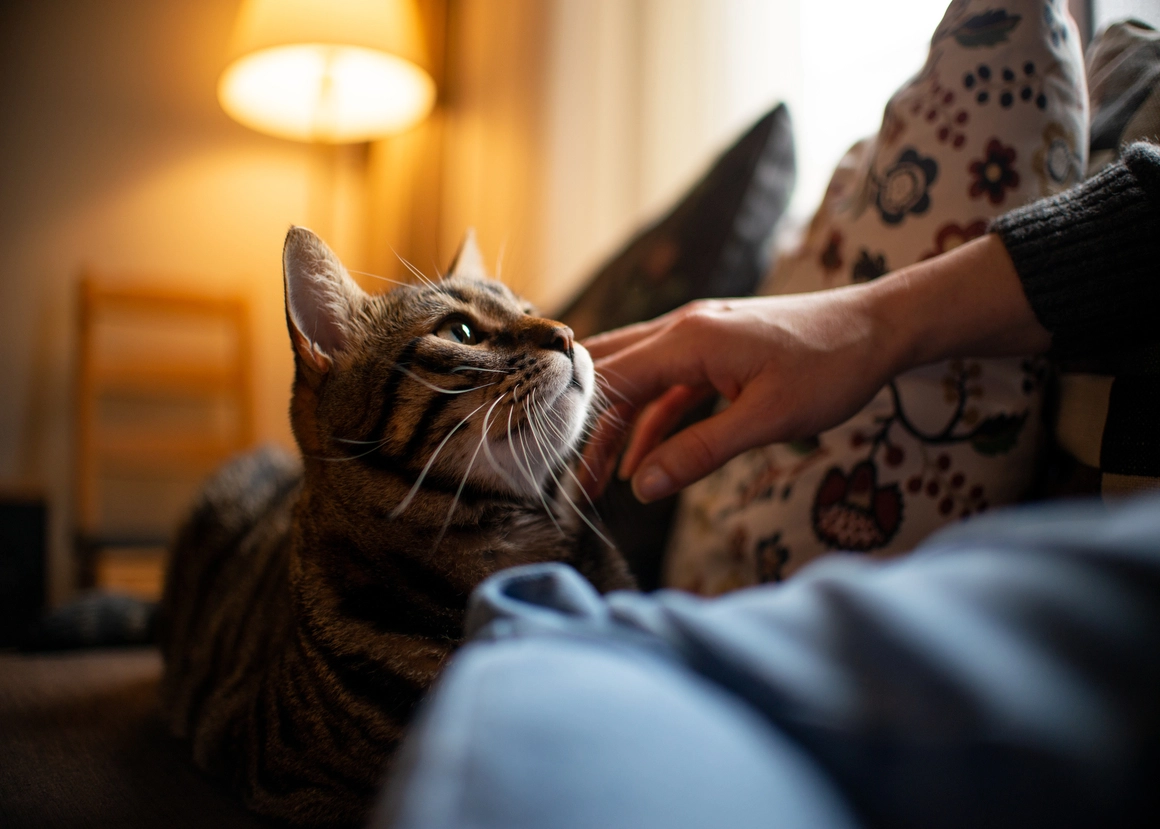 Gray cat resting in person's arms indoors.