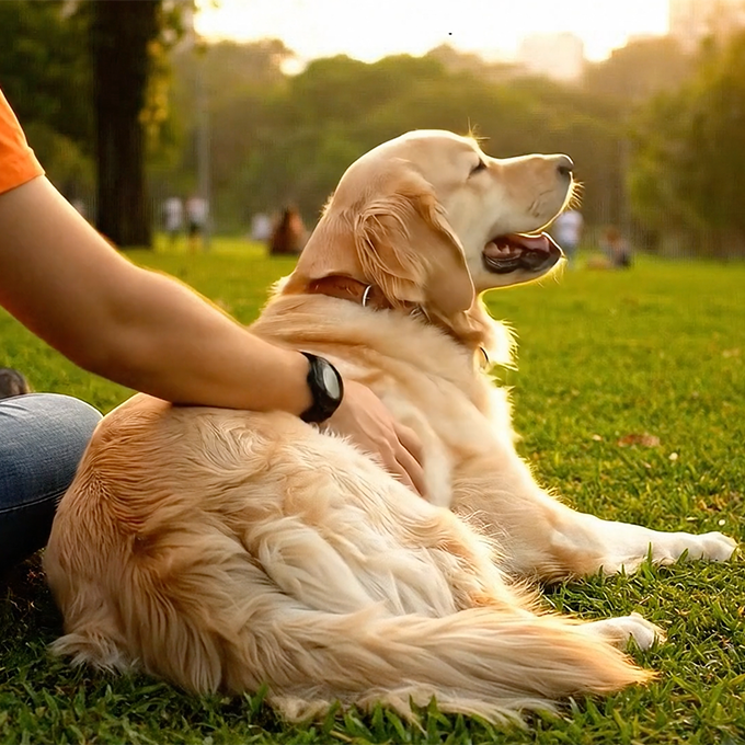 Pessoa com jaqueta de couro segurando um cachorro branco com orelhas marrons em um banco.
