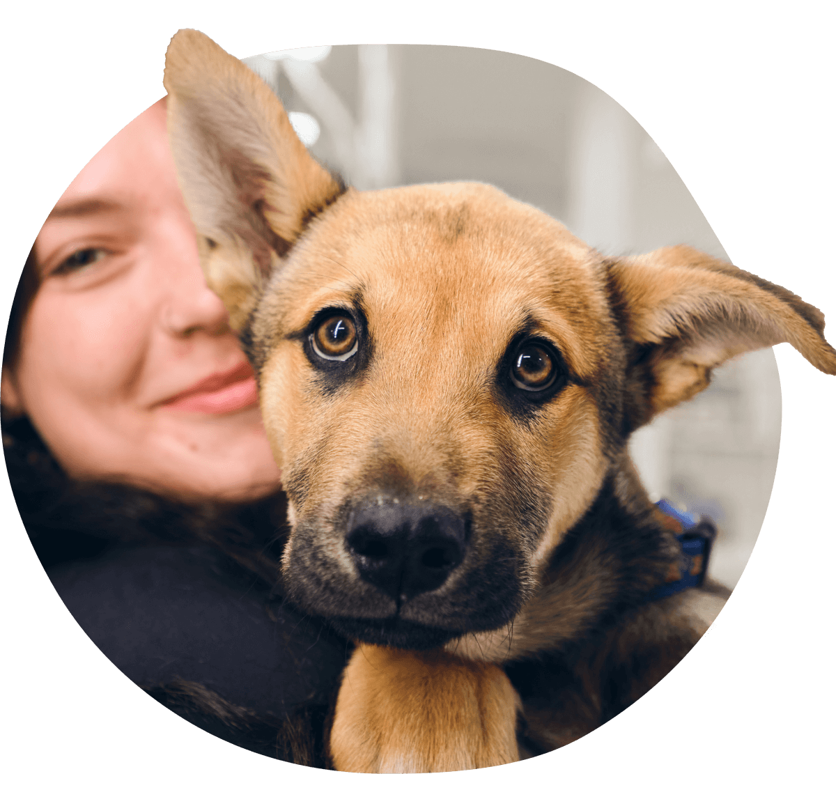 Woman hugging a brown dog with a curious expression.