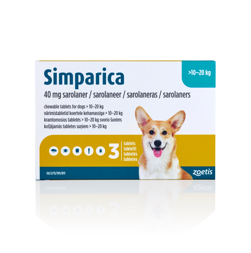 Simparica dog tablets box with Corgi image, 10–20 kg weight range.