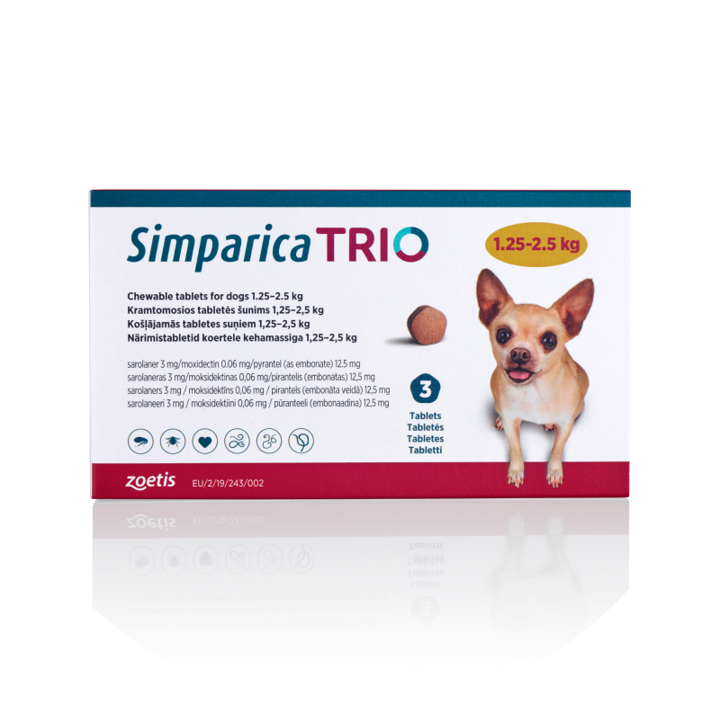 Simparica Trio 1.25-2.5 kg dog tablets package with a Chihuahua image.