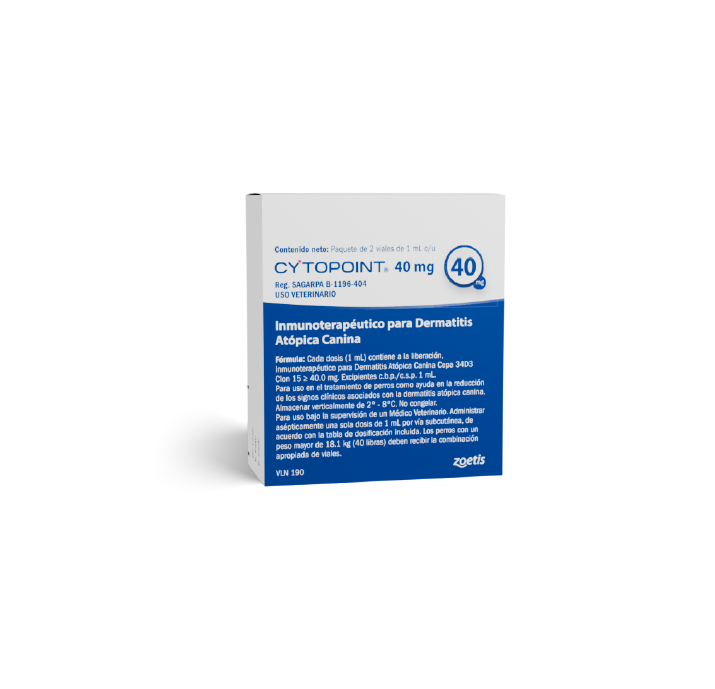 Inmunoterapia Cytopoint 40 mg para dermatitis atópica canina con vial y envase.