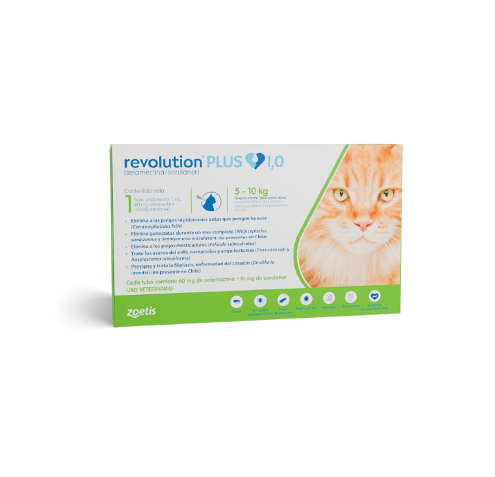 Envase del producto Revolution Plus para gatos de 2,5 – 5 kg.