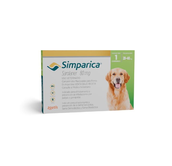 Envase de Simparica para perros de 5 a 10 kg, 3 comprimidos, con imagen de perro.