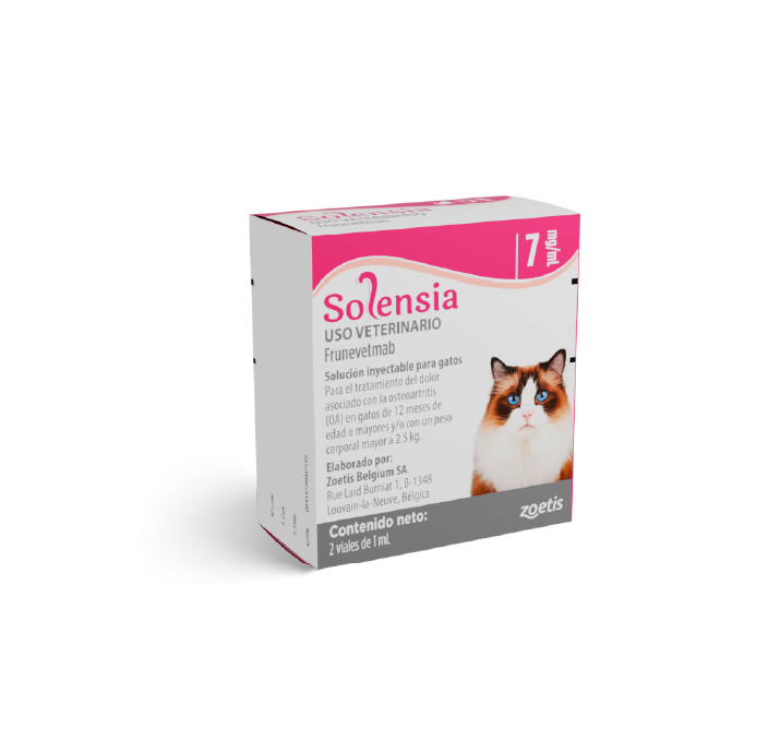 Solución veterinaria Solensia para el dolor de osteoartritis en gatos, 2 viales, con imagen de gato en la caja.