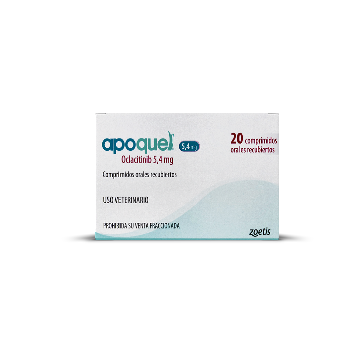 Caja de comprimidos recubiertos con película Apoquel de 5,4 mg para perros.