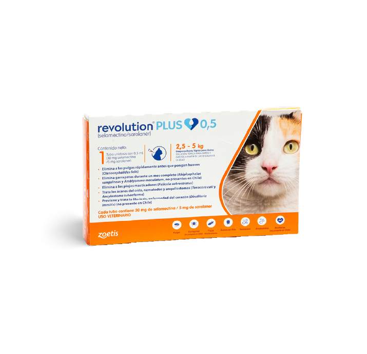 Envase de tratamiento Revolution Plus para gatos con foto de gato.