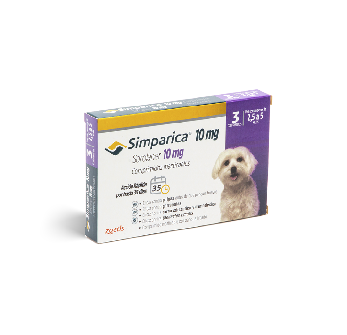 Envase de Simparica para perros.