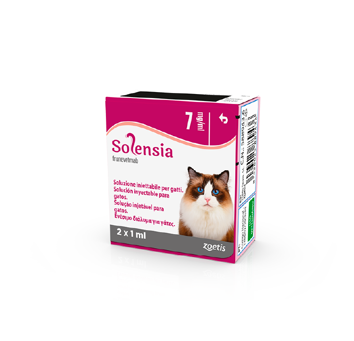 Solución veterinaria Solensia para el dolor de osteoartritis en gatos, 2 viales, con imagen de gato en la caja.