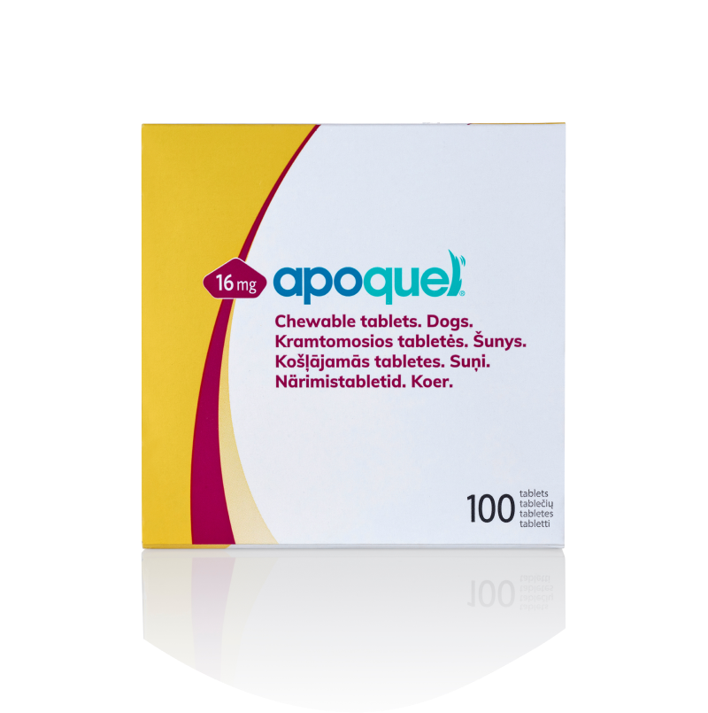 Apoquel 16 mg box for dogs, 100 chewable tablets.