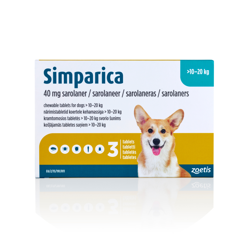 Simparica dog tablets box with Corgi image, 10–20 kg weight range.