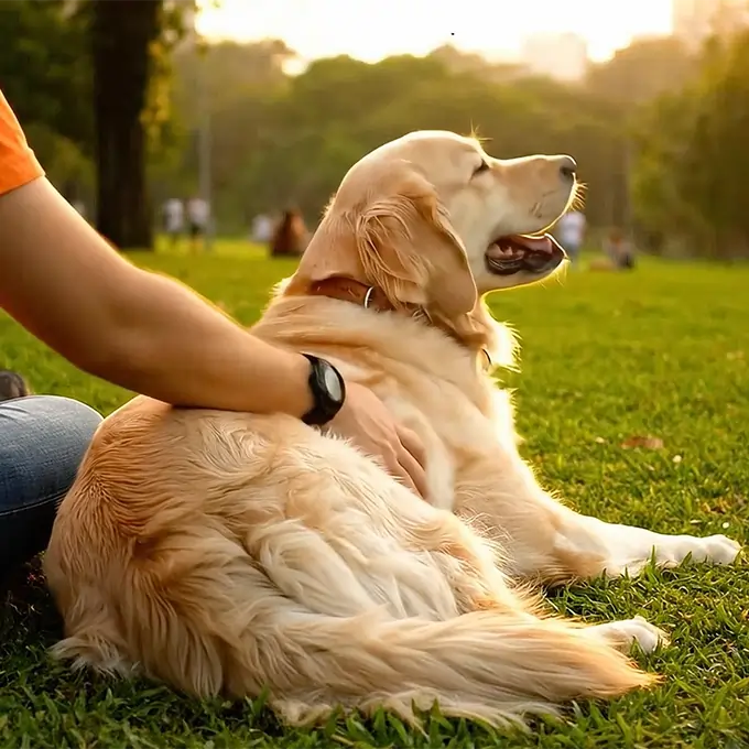 Pessoa com jaqueta de couro segurando um cachorro branco com orelhas marrons em um banco.