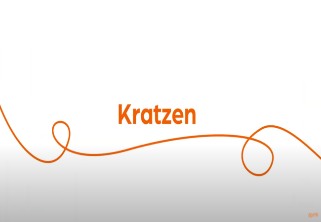 Text „Kratzen“ mit orangefarbener Spirale auf weißem Hintergrund.