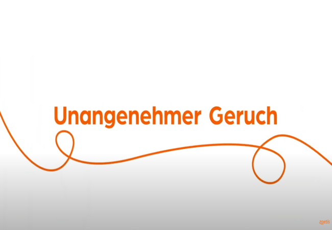 Text „Unangenehmer Geruch“ mit orangefarbener Spirale auf weißem Hintergrund.