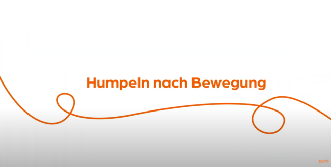 Text „Humpeln nach Bewegung“ mit orangefarbener Spirale auf weißem Hintergrund.