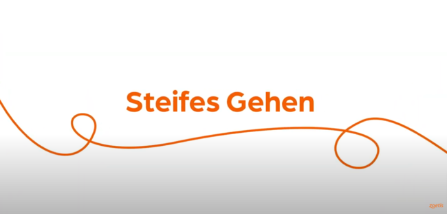 Text „Steife Bewegungen“ mit orangefarbener Spirale auf weißem Hintergrund.
