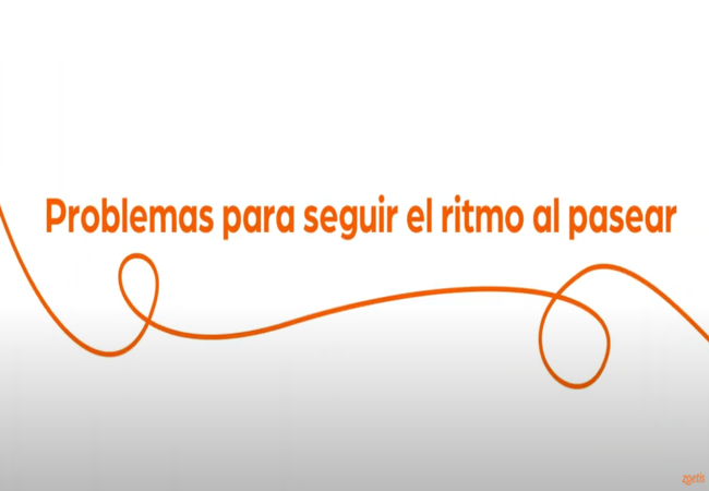 Texto "Problemas para seguir el ritmo al pasear" con espiral naranja sobre fondo blanco.
