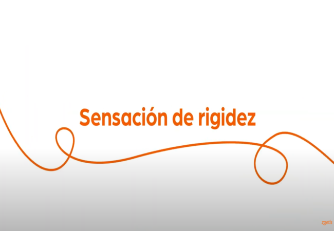 Texto "Sensación de rigidez" con espiral naranja sobre fondo blanco.