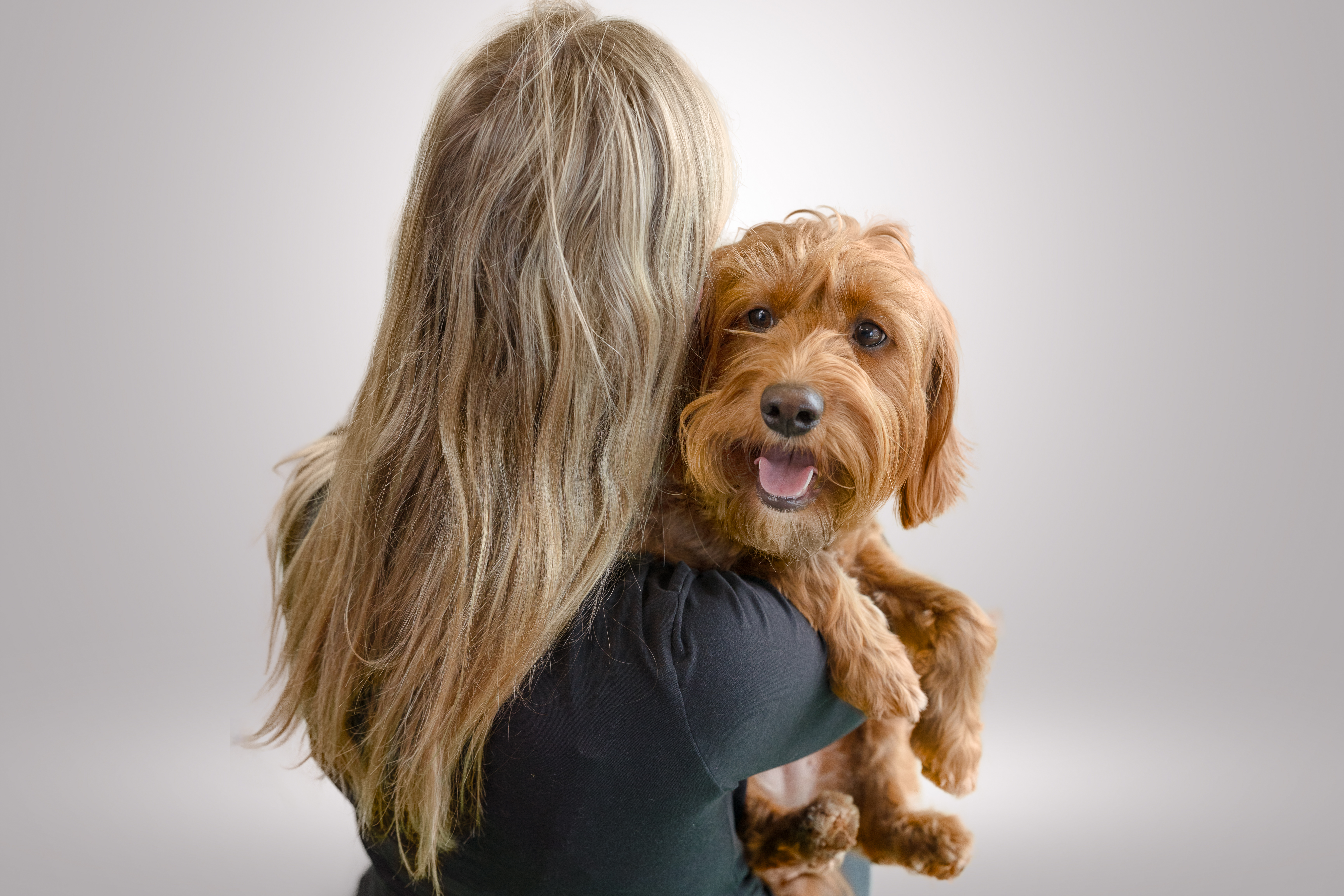 Femme tenant un chien brun heureux sur un fond clair.