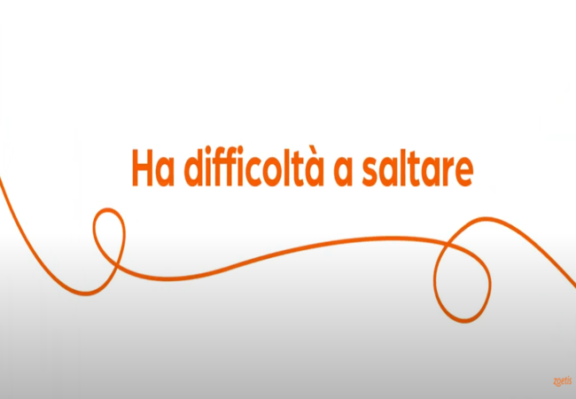 Testo "Difficoltà a saltare" con vortice arancione su sfondo bianco.