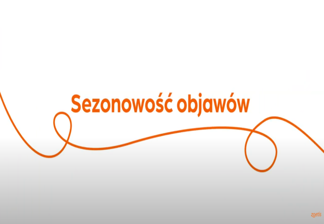 Tekst „Sezonowość objawów" z pomarańczową spiralą na białym tle.