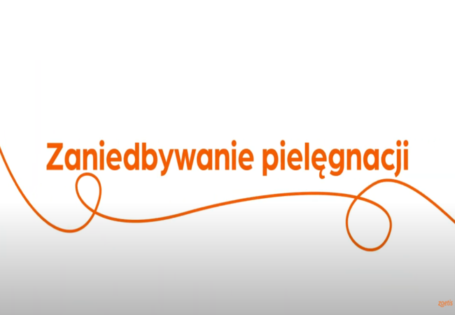 Tekst „Zaniedbywanie pielęgnacji” z pomarańczową spiralą na białym tle.