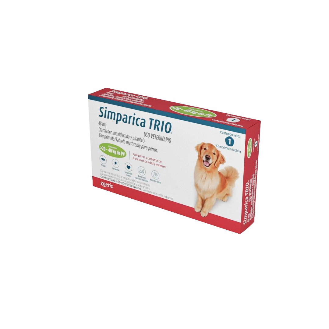 Simparica 80 mg tabletas para perros de 20 a 40 kg con imagen de un golden retriever en el empaque